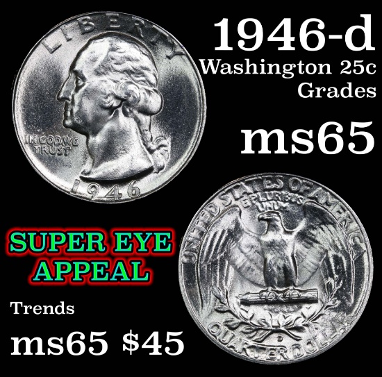 1946-d Washington Quarter 25c Grades GEM Unc