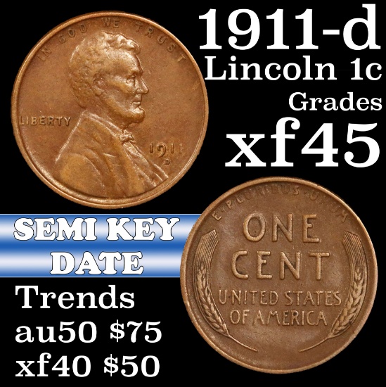 1911-d Lincoln Cent 1c Grades xf+