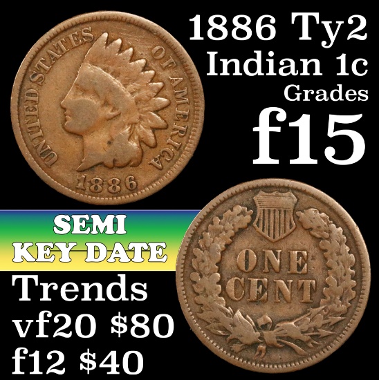 1886 Ty2 Indian Cent 1c Grades f+