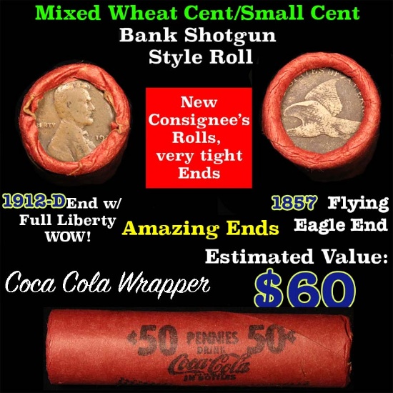 Lincoln Wheat cents 1c orig shotgun roll, 1912-d one end, 1857 Flying Eagle other end