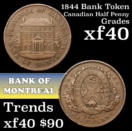 1844 Bank Token Canadian Half Penny Bank Token 1/2c Grades xf