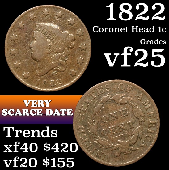 1822 Coronet Head Large Cent 1c Grades vf+