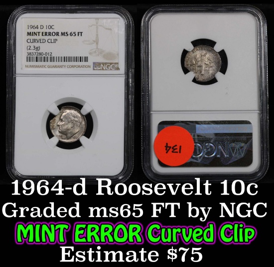 NGC 1964-d Mint Error, Curved Clip Roosevelt Dime 10c Graded Gem Unc FT by NGC