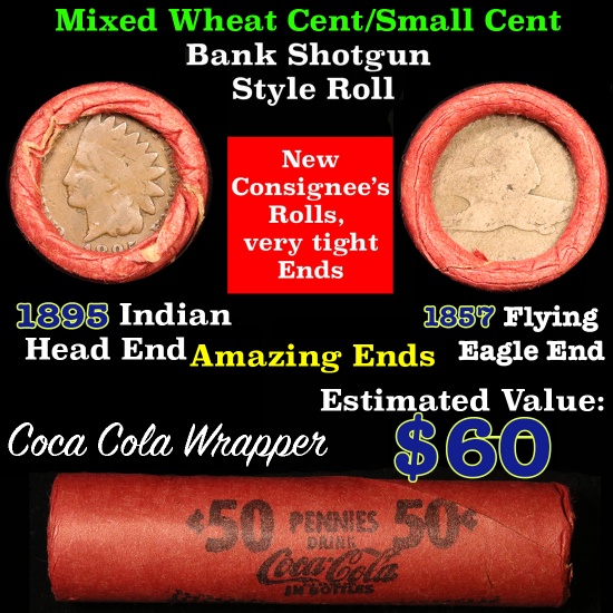 Lincoln Wheat cents 1c orig shotgun roll, 1895 Indian on one end, 1857 Flying Eagle other end