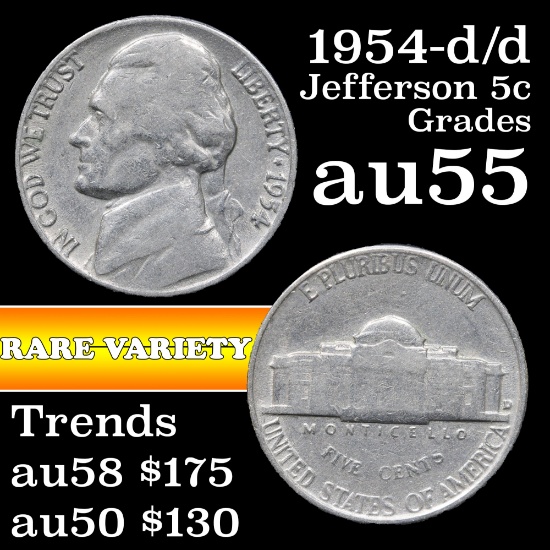 1954-d/d Jefferson Nickel 5c Grades Choice AU