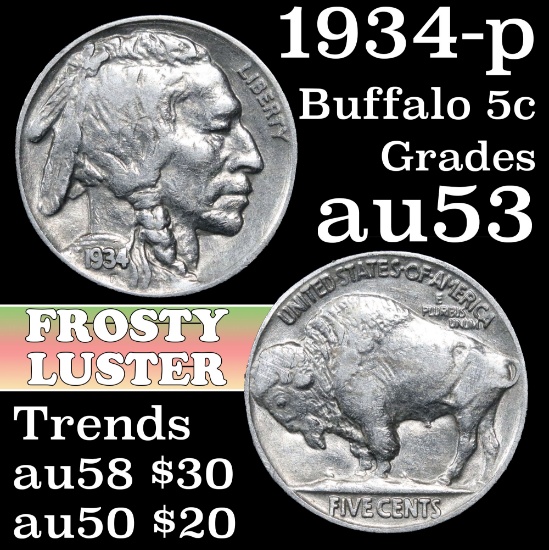 1934-p Buffalo Nickel 5c Grades Select AU