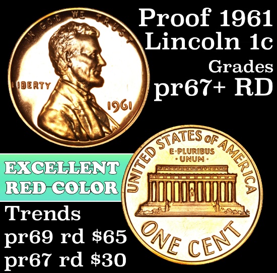 Proof 1961 Lincoln Cent 1c Grades Gem+ Proof Red