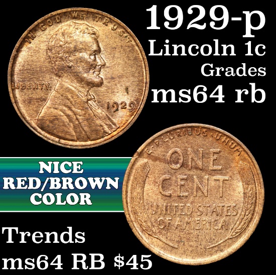 1929-p Lincoln Cent 1c Grades Choice Unc RB