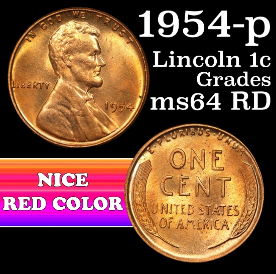 1954-p Lincoln Cent 1c Grades Choice Unc RD