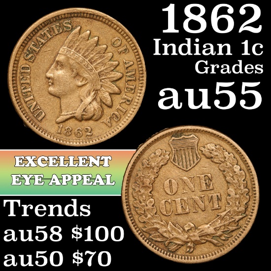 1862 Indian Cent 1c Grades Choice AU