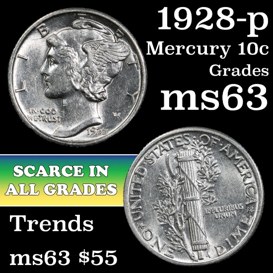 1928-p Mercury Dime 10c Grades Select Unc