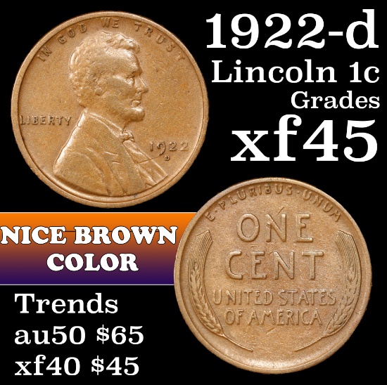 1922-d Lincoln Cent 1c Grades xf+