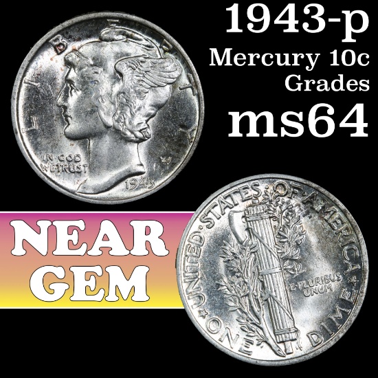 1943-p Mercury Dime 10c Grades Choice Unc