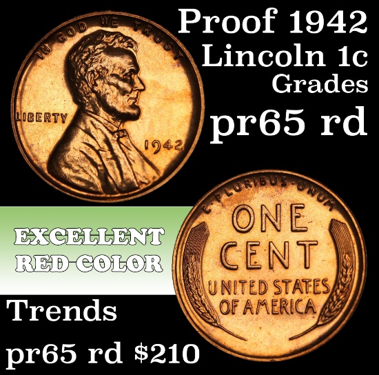 Proof 1942 Lincoln Cent 1c Grades Gem Proof Red