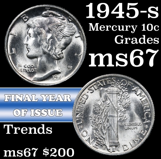 1945-s Mercury Dime 10c Grades GEM++ Unc