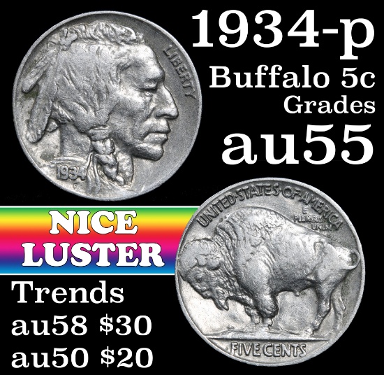 1934-p Buffalo Nickel 5c Grades Choice AU