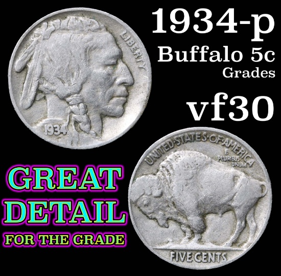 1934-p Buffalo Nickel 5c Grades vf++