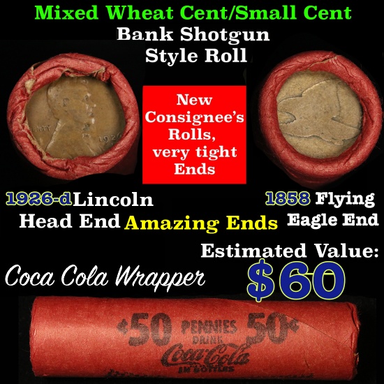 Mixed small cents 1c orig shotgun roll, 1926-d Wheatie on one end, 1858 Flying Eagle other end