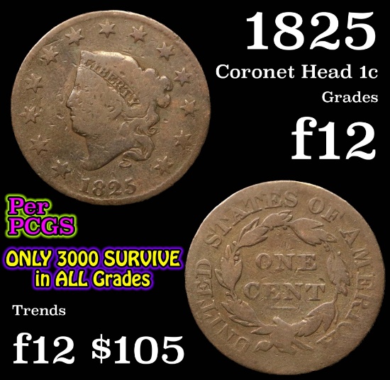 1825 Coronet Head Large Cent 1c Grades f, fine