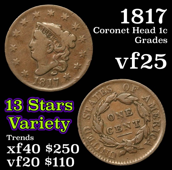 1817 Coronet Head Large Cent 1c Grades vf+