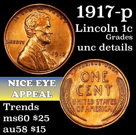 1917-p Lincoln Cent 1c Grades Unc Details