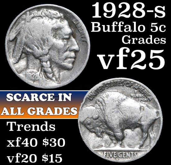 1928-s Buffalo Nickel 5c Grades vf+