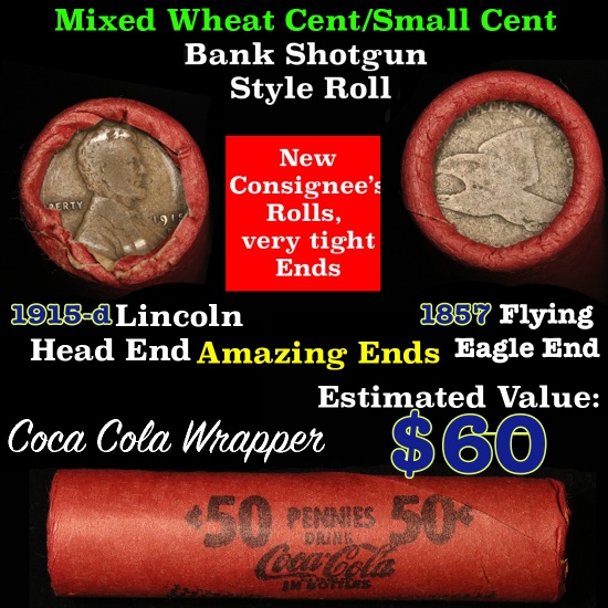 Mixed small cents 1c orig shotgun roll, 1915-d Wheatie on one end, 1857 Flying Eagle other end