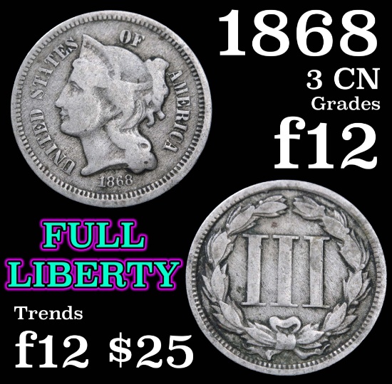 1868 Three Cent Copper Nickel 3cn Grades f, fine
