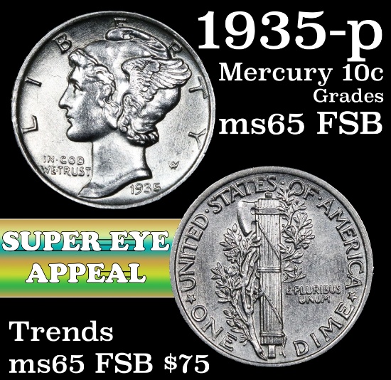 1935-p Mercury Dime 10c Grades GEM FSB