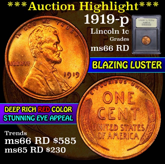 ***Auction Highlight*** 1919-p Lincoln Cent 1c Graded GEM+ Unc RD By USCG (fc)