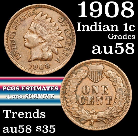 1908 Indian Cent 1c Grades Choice AU/BU Slider