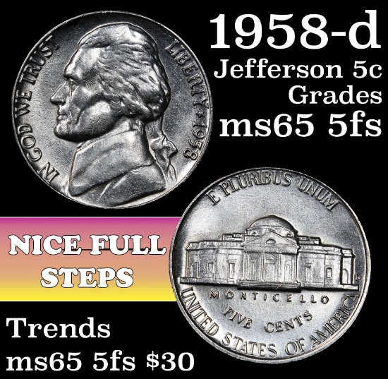 1958-d Jefferson Nickel 5c Grades GEM 5fs