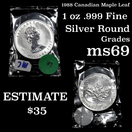 1988 Canadian Maple Leaf 1 oz .999 fine silver round ms69