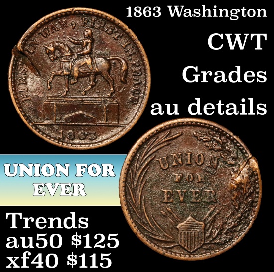 1863 Washington Civil War Token 1c Grades AU Details