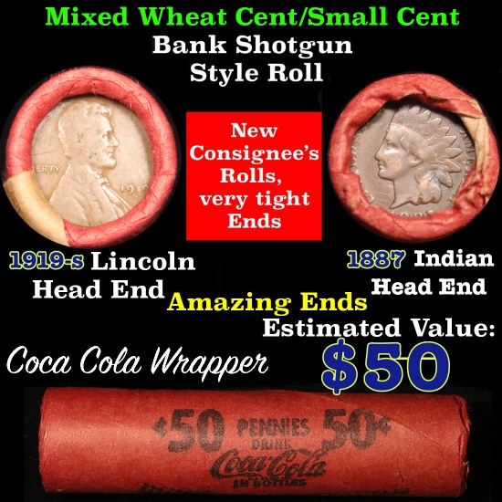Mixed small cents 1c orig shotgun roll, 1919-s one end, 1887 Indian cent other end