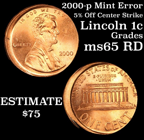 2000-p Mint Error '5% off center' strike Lincoln Cent 1c Grades GEM Unc RD