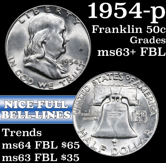 1954-p Franklin Half Dollar 50c Grades Select Unc+ FBL