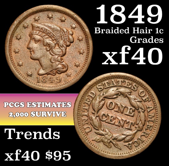 1849 Braided Hair Large Cent 1c Grades xf