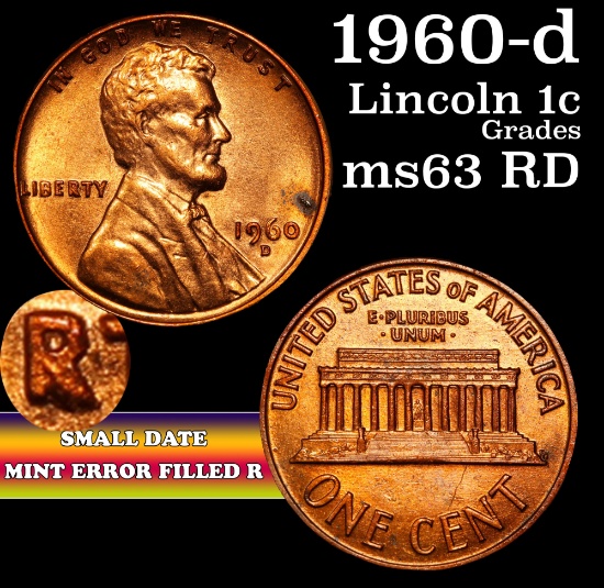 1960-d Small date Mint Error 'Filled R' Lincoln Cent 1c Grades Select Unc RB
