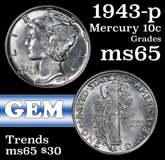 1943-p Mercury Dime 10c Grades GEM Unc