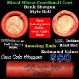 Mixed small cents 1c orig shotgun roll, 1919-s one end, 1891 Indian cent other end