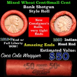 Mixed small cents 1c orig shotgun roll, 1919-d one end, 1890 Indian cent other end
