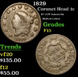 1829 45¡ CCW Rotated Die Medium Letters Coronet Head Large Cent 1c Grades f+