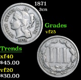 1871 . . Three Cent Copper Nickel 3cn Grades vf+