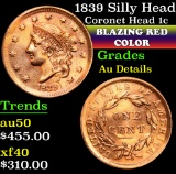 1839 Silly Head . . Coronet Head Large Cent 1c Grades AU Details