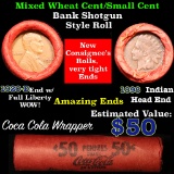 Mixed small cents 1c orig shotgun roll, 1920-d one end, 1898 Indian cent other end