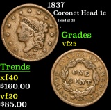 1837 Head of 38 . Coronet Head Large Cent 1c Grades vf+