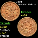 1851 . . Braided Hair Large Cent 1c Grades AU, Almost Unc