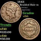1843 Petit Head Small Letters Braided Hair Large Cent 1c Grades vf+