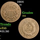 1864 . . Two Cent Piece 2c Grades f+